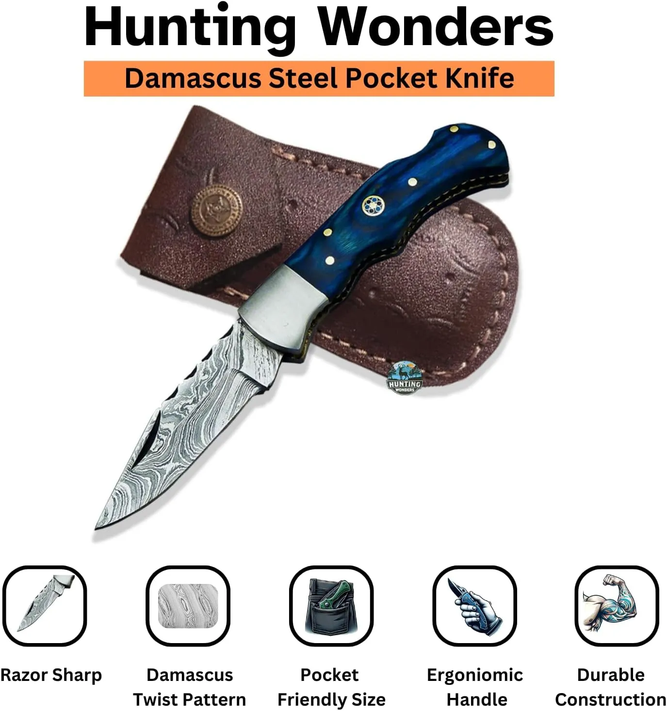 Customize Hand Forged Damascus Foldable Pocket Knife with Leather Sheath, Handmade Damascus Back Lock Folding Knife, Outdoor Knife for Camping and Hiking, Best Pocket Knife for Men, Blue
