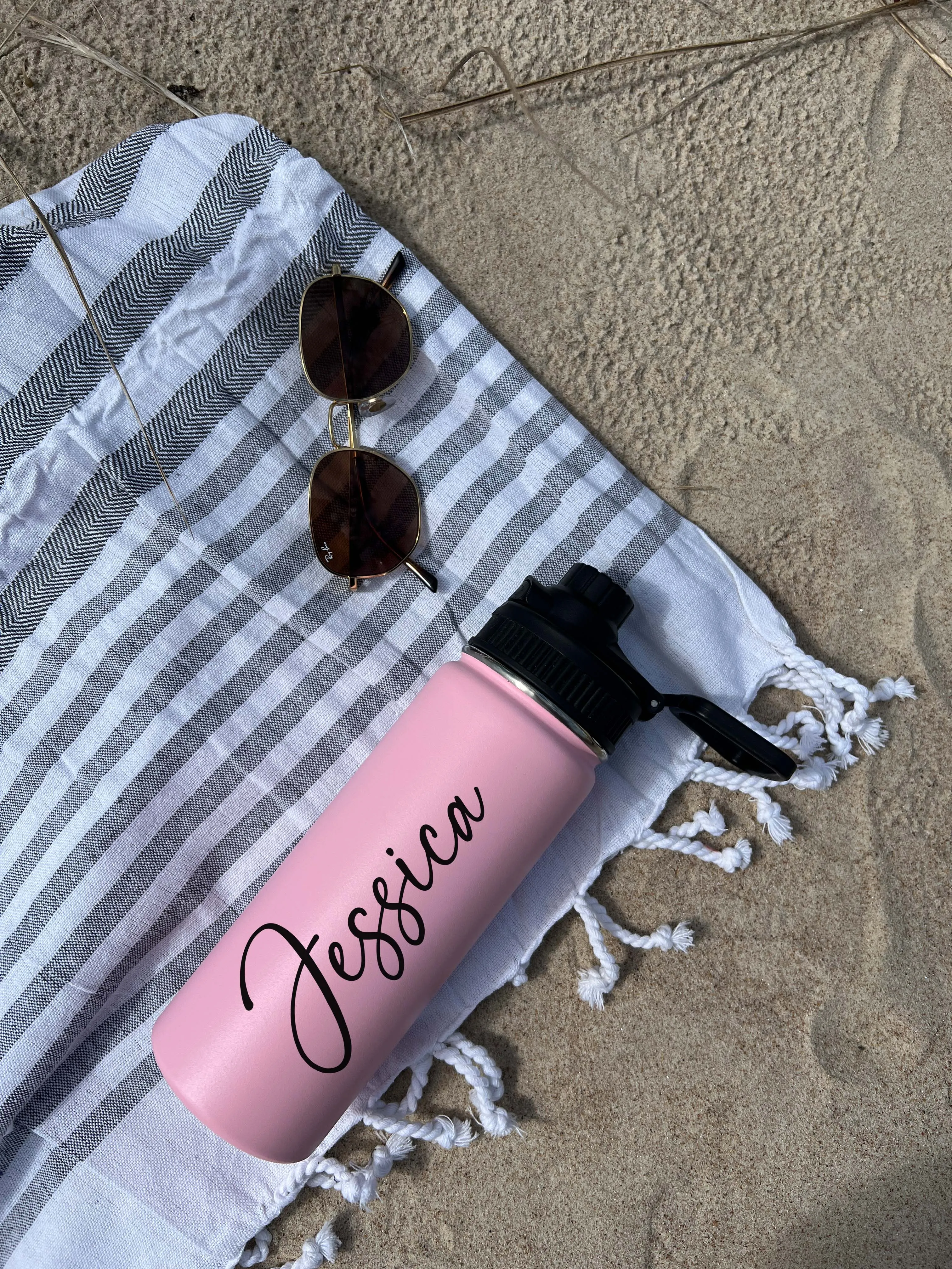 Cute Beach Water Bottle Sports Water Bottle 18/32 oz Cursive Font Stainless Steel Insulated Flasks, Custom Water Bottle, Name Bottle,  Keeps Cold 24 Hrs