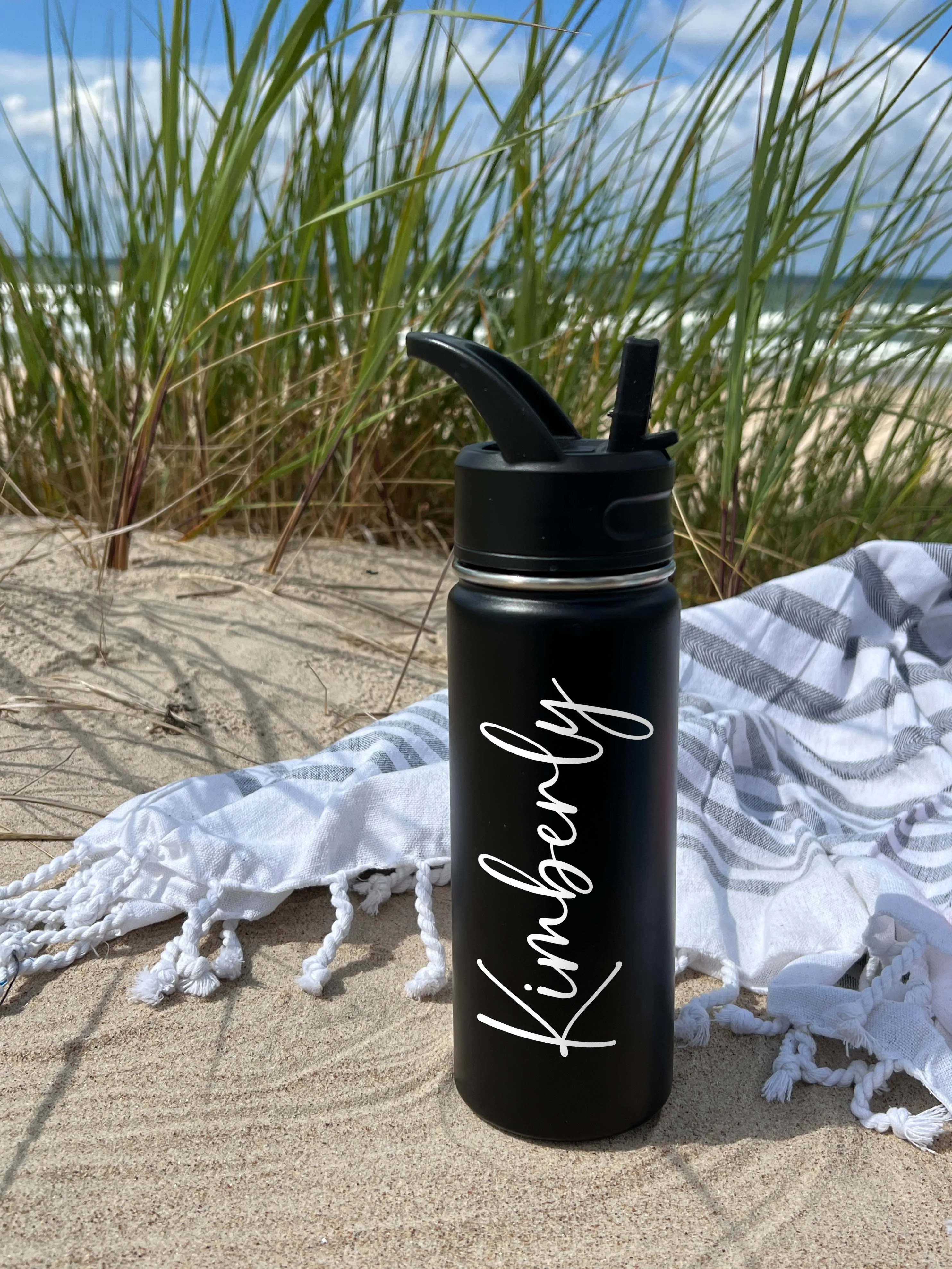 Cute Beach Water Bottle Sports Water Bottle 18/32 oz Cursive Font Stainless Steel Insulated Flasks, Custom Water Bottle, Name Bottle,  Keeps Cold 24 Hrs