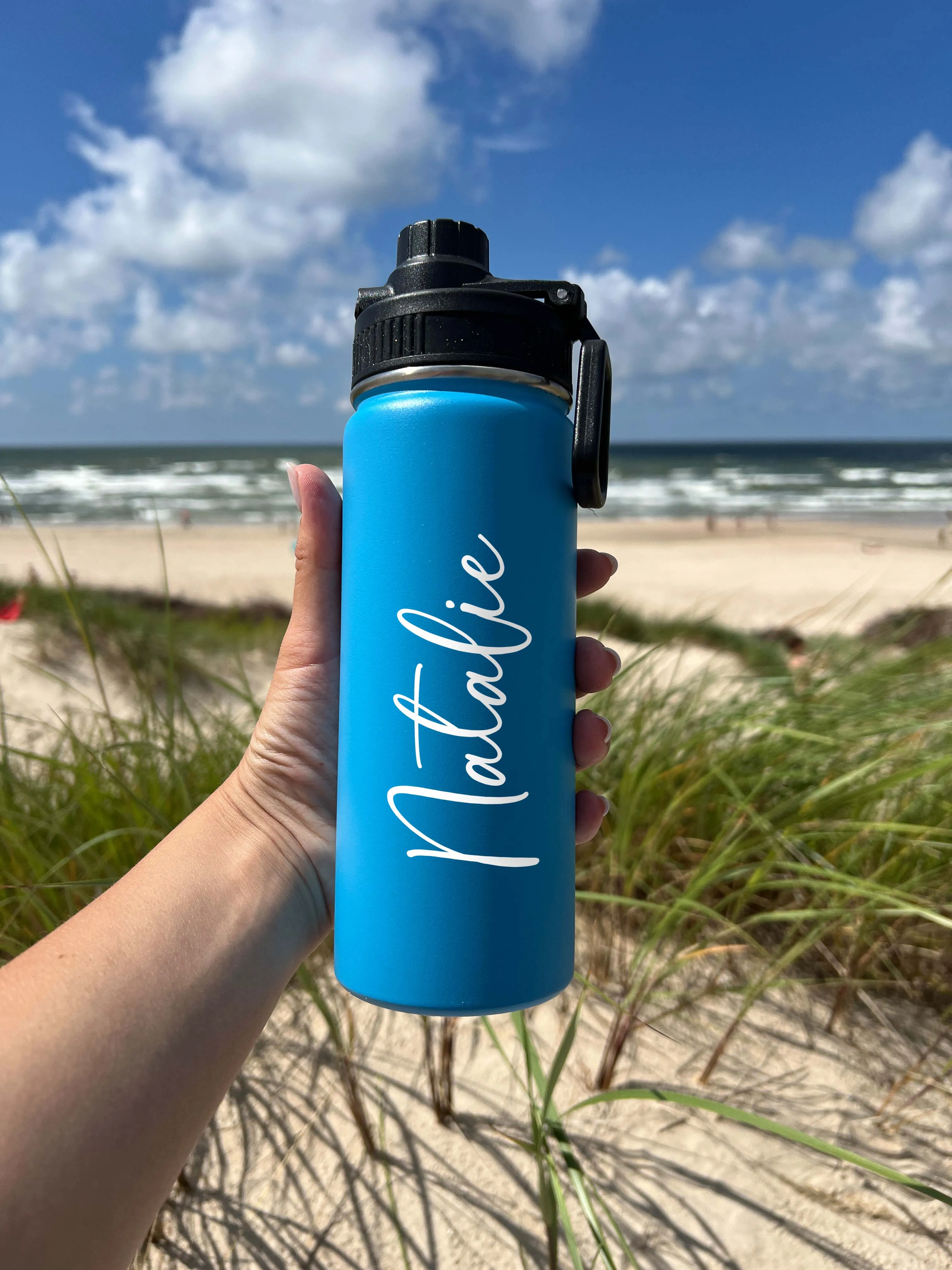 Cute Beach Water Bottle Sports Water Bottle 18/32 oz Cursive Font Stainless Steel Insulated Flasks, Custom Water Bottle, Name Bottle,  Keeps Cold 24 Hrs