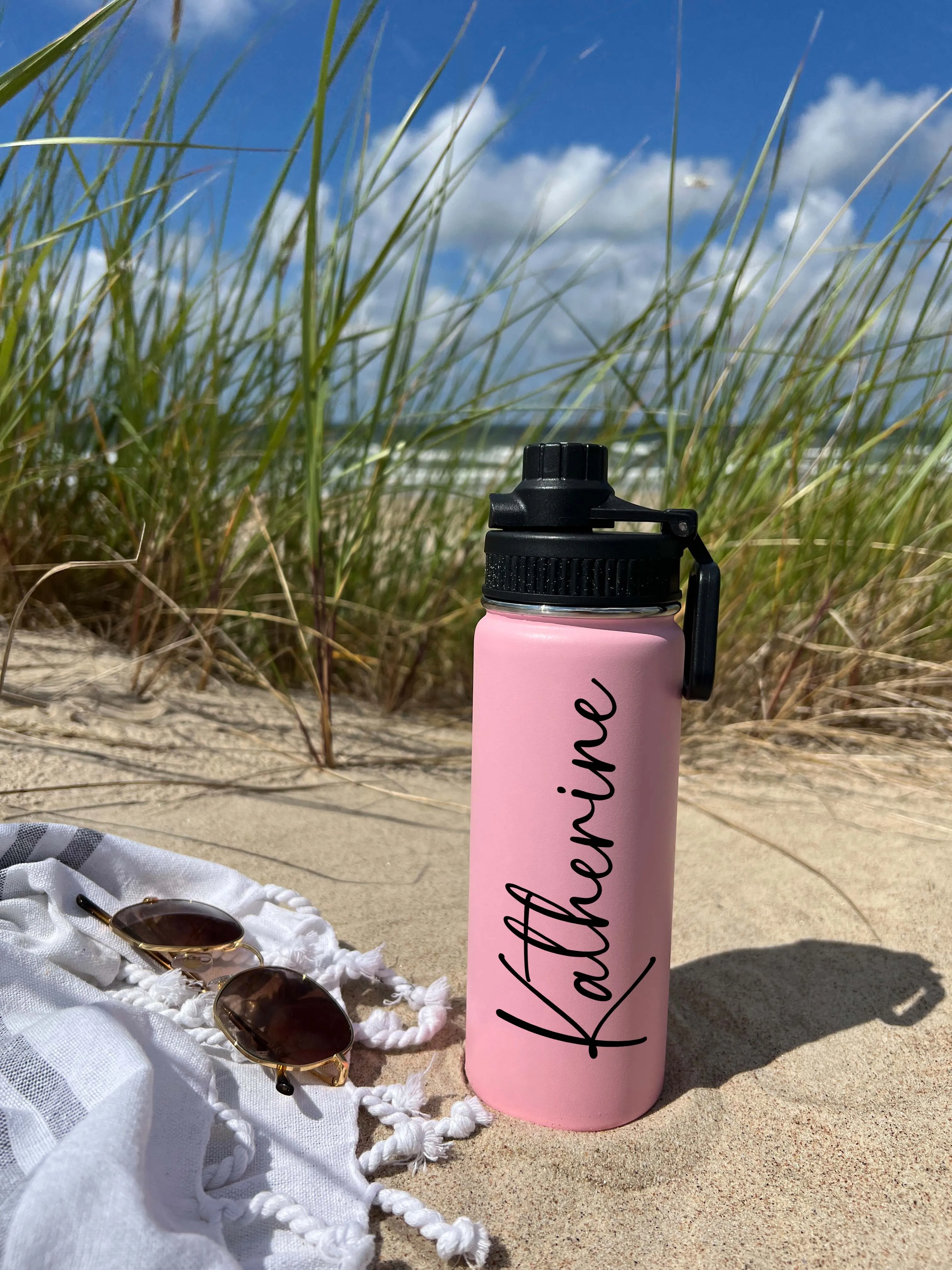 Cute Beach Water Bottle Sports Water Bottle 18/32 oz Cursive Font Stainless Steel Insulated Flasks, Custom Water Bottle, Name Bottle,  Keeps Cold 24 Hrs