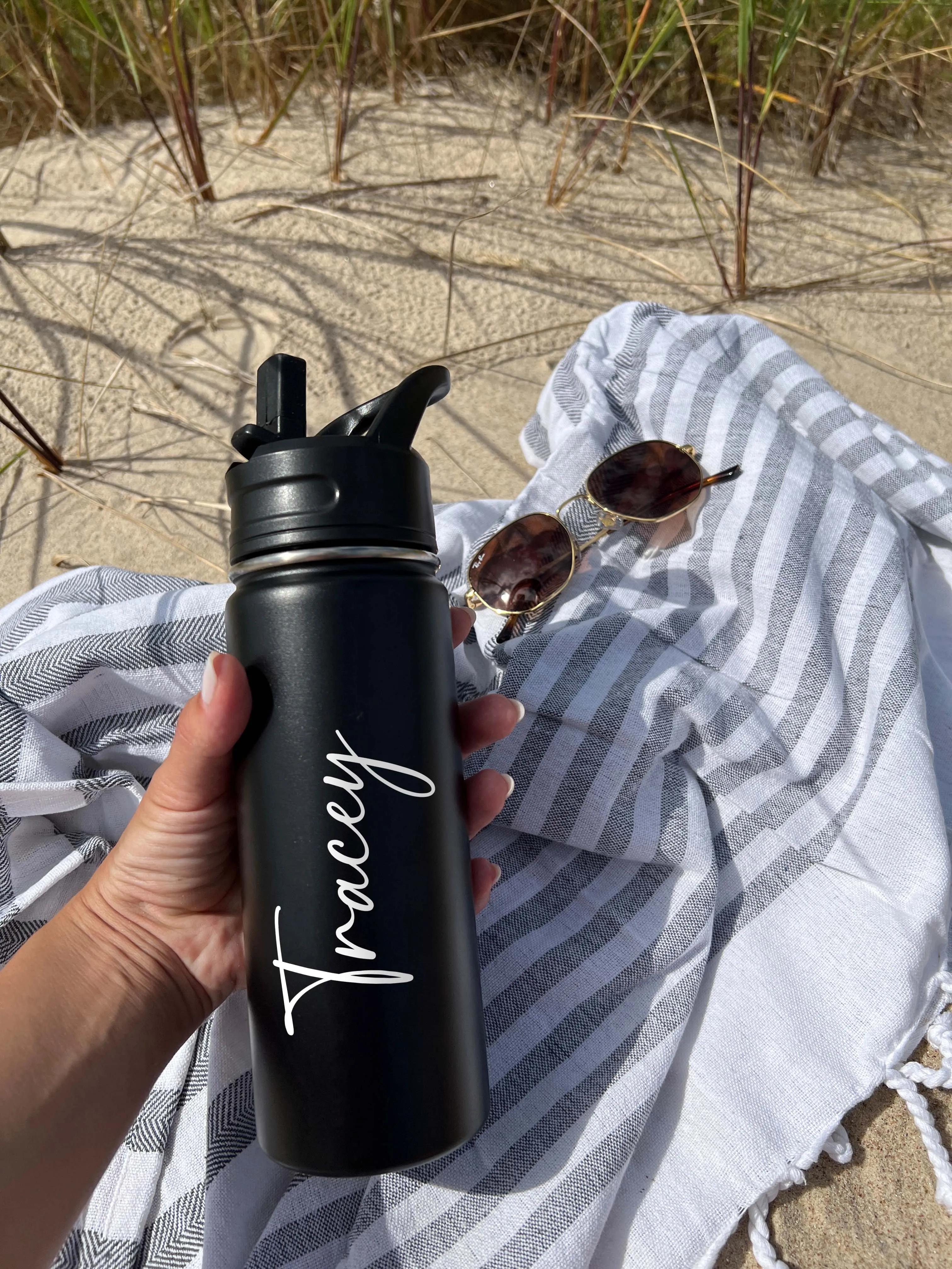 Cute Beach Water Bottle Sports Water Bottle 18/32 oz Cursive Font Stainless Steel Insulated Flasks, Custom Water Bottle, Name Bottle,  Keeps Cold 24 Hrs