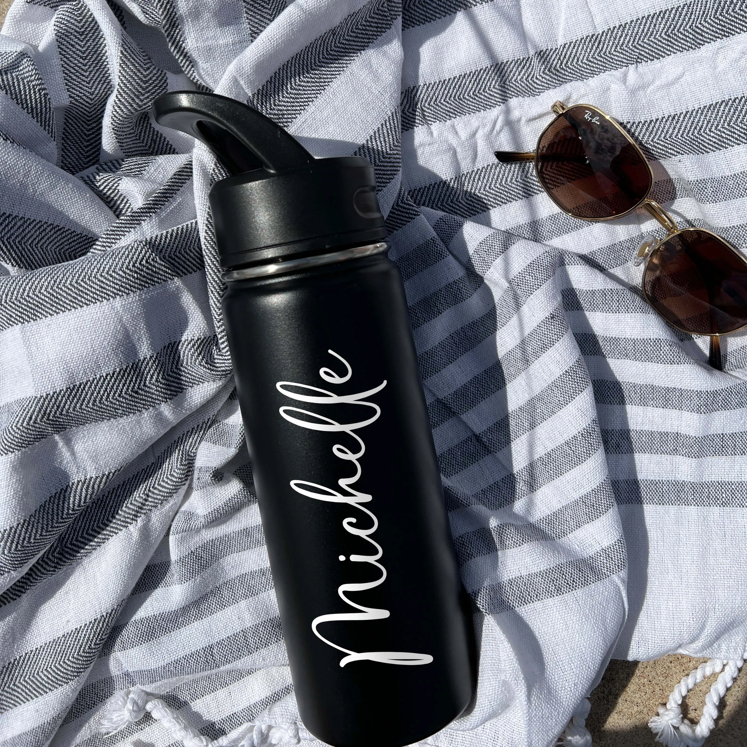 Cute Beach Water Bottle Sports Water Bottle 18/32 oz Cursive Font Stainless Steel Insulated Flasks, Custom Water Bottle, Name Bottle,  Keeps Cold 24 Hrs