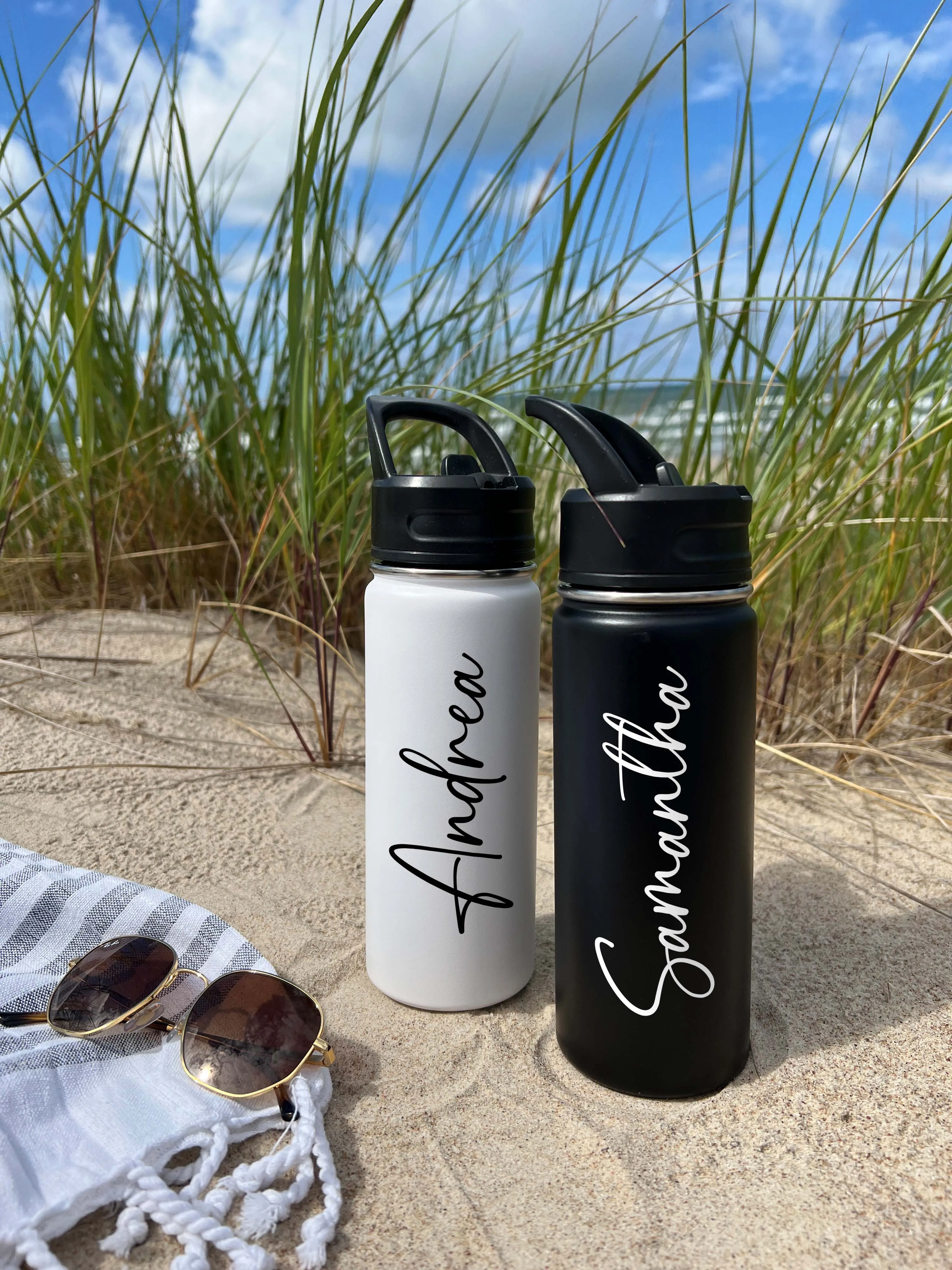 Cute Beach Water Bottle Sports Water Bottle 18/32 oz Cursive Font Stainless Steel Insulated Flasks, Custom Water Bottle, Name Bottle,  Keeps Cold 24 Hrs