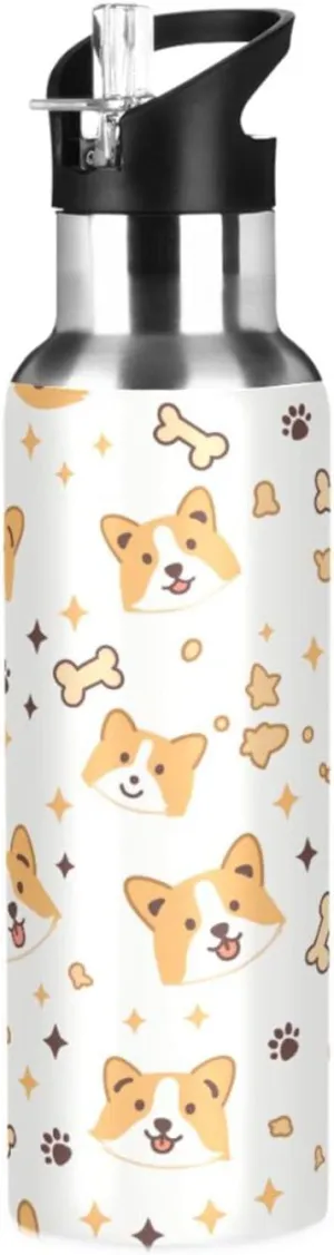 Cute Dogs Sports Water Bottle with Straw, 22oz BPA Free Stainless Steel Vacuum Insulated Bottle for Gym Fitness Outdoor