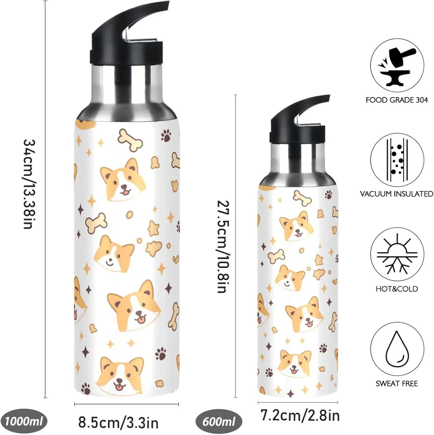 Cute Dogs Sports Water Bottle with Straw, 22oz BPA Free Stainless Steel Vacuum Insulated Bottle for Gym Fitness Outdoor