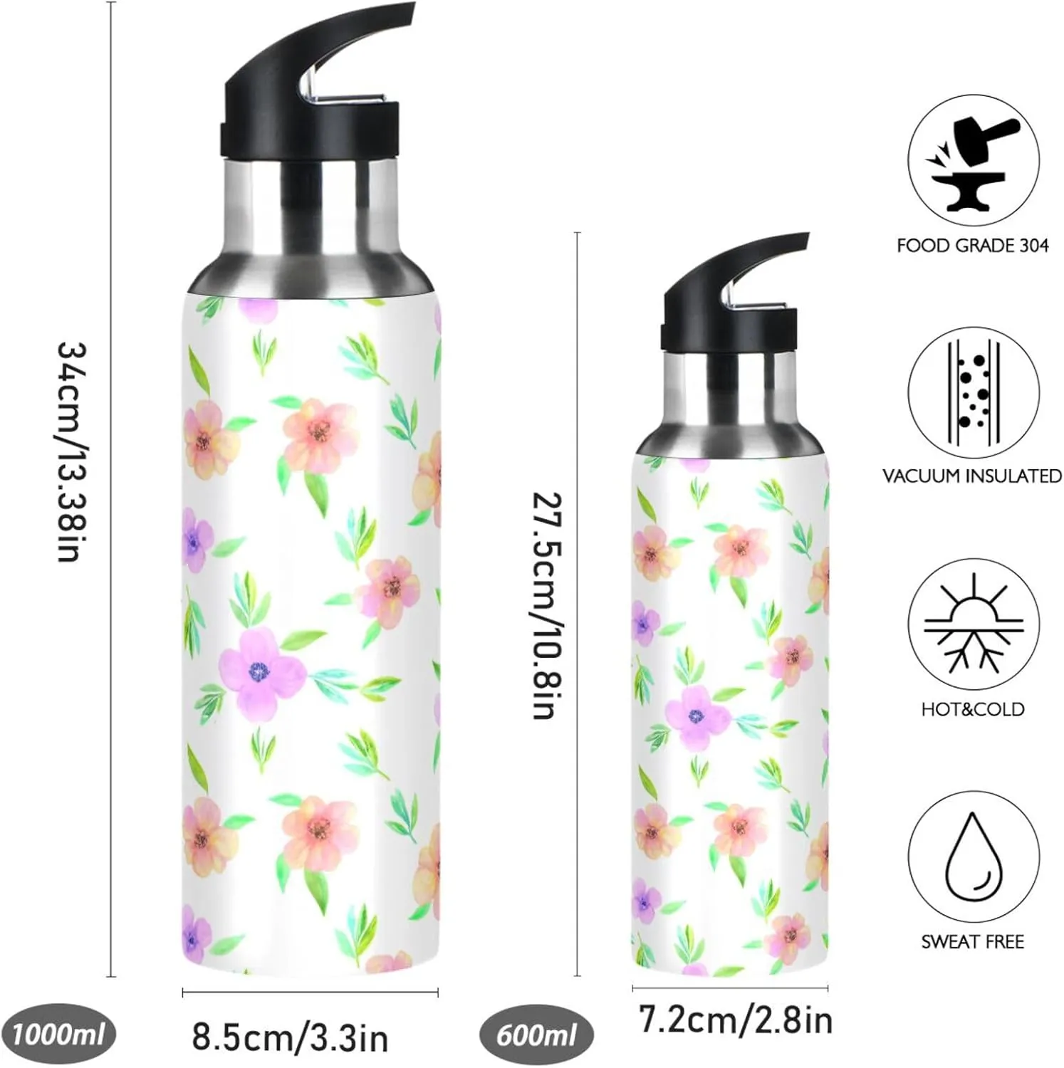 Cute Flowers Sports Water Bottle with Straw, 22oz BPA Free Stainless Steel Vacuum Insulated Bottle for Gym Fitness Outdoor
