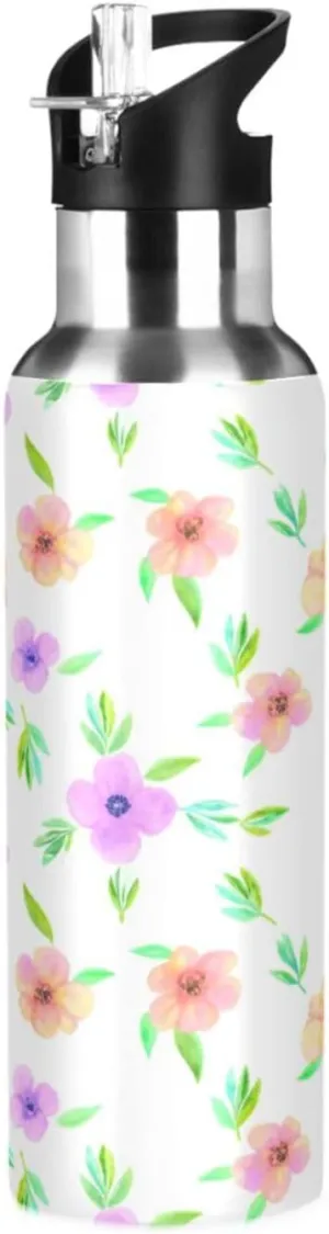 Cute Flowers Sports Water Bottle with Straw, 22oz BPA Free Stainless Steel Vacuum Insulated Bottle for Gym Fitness Outdoor