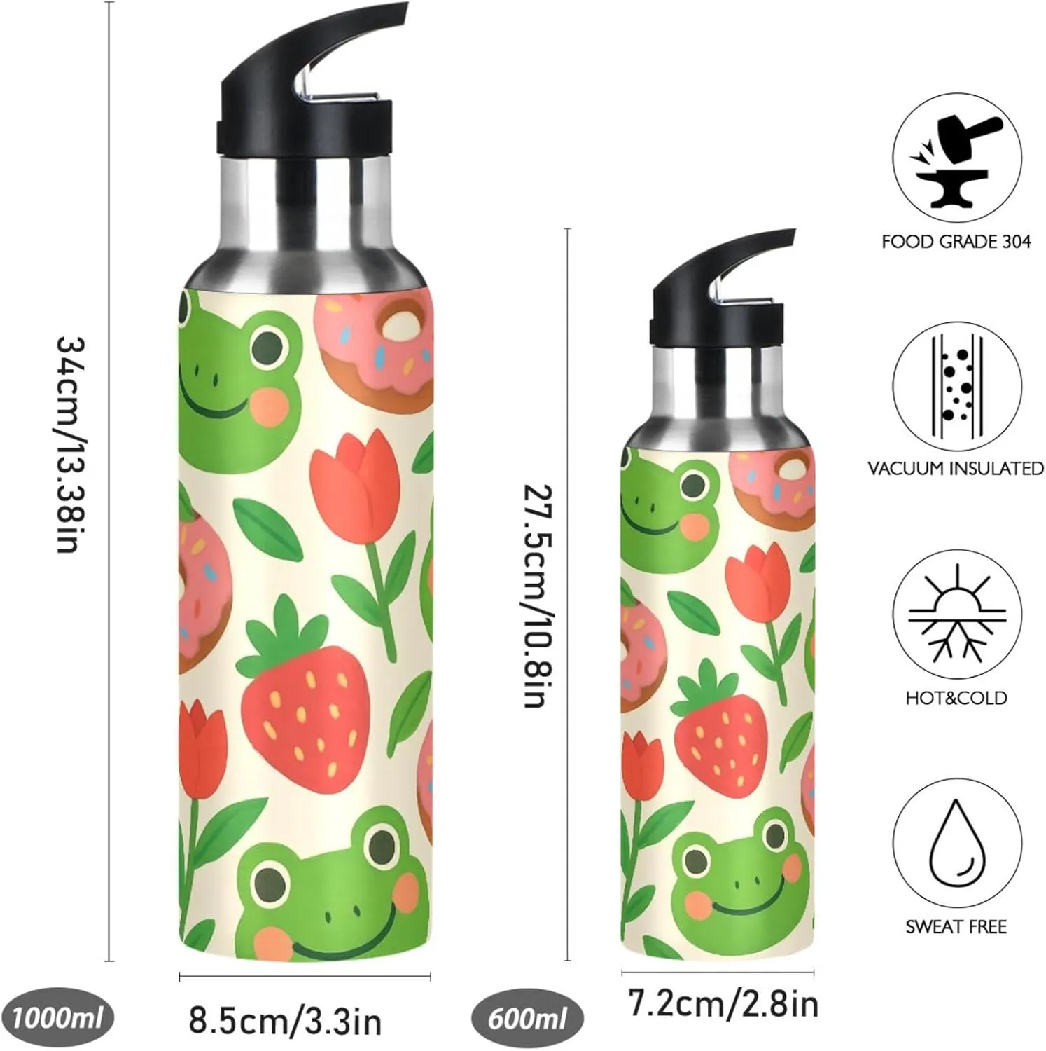 Cute Frog Sports Water Bottle with Straw, 22oz BPA Free Stainless Steel Vacuum Insulated Bottle for Gym Fitness Outdoor