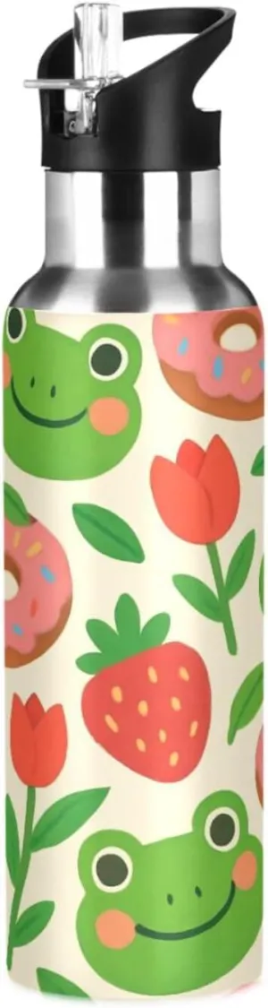 Cute Frog Sports Water Bottle with Straw, 22oz BPA Free Stainless Steel Vacuum Insulated Bottle for Gym Fitness Outdoor