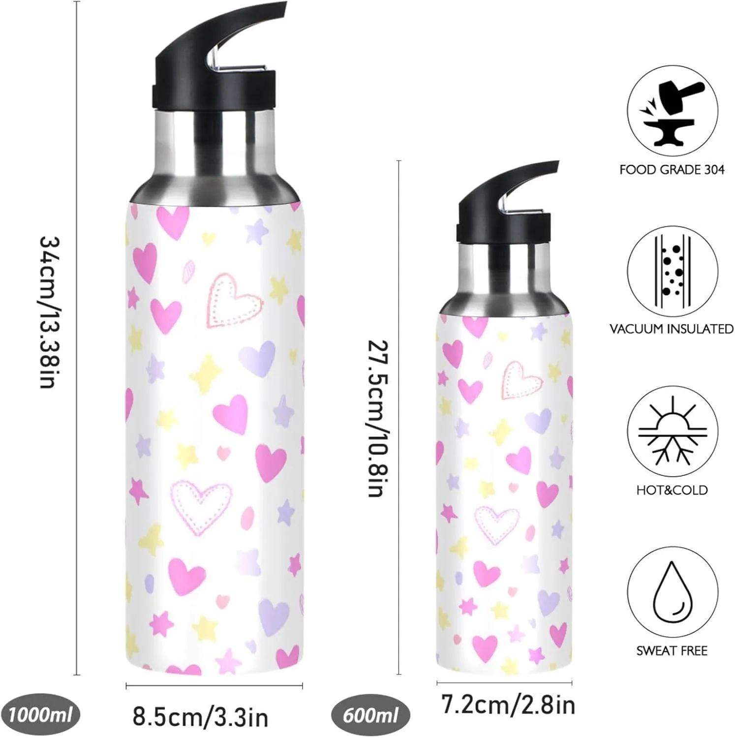 Cute Heart Sports Water Bottle with Straw, 22oz BPA Free Stainless Steel Vacuum Insulated Bottle for Gym Fitness Outdoor