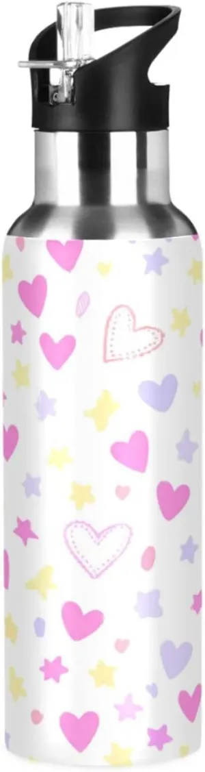 Cute Heart Sports Water Bottle with Straw, 22oz BPA Free Stainless Steel Vacuum Insulated Bottle for Gym Fitness Outdoor