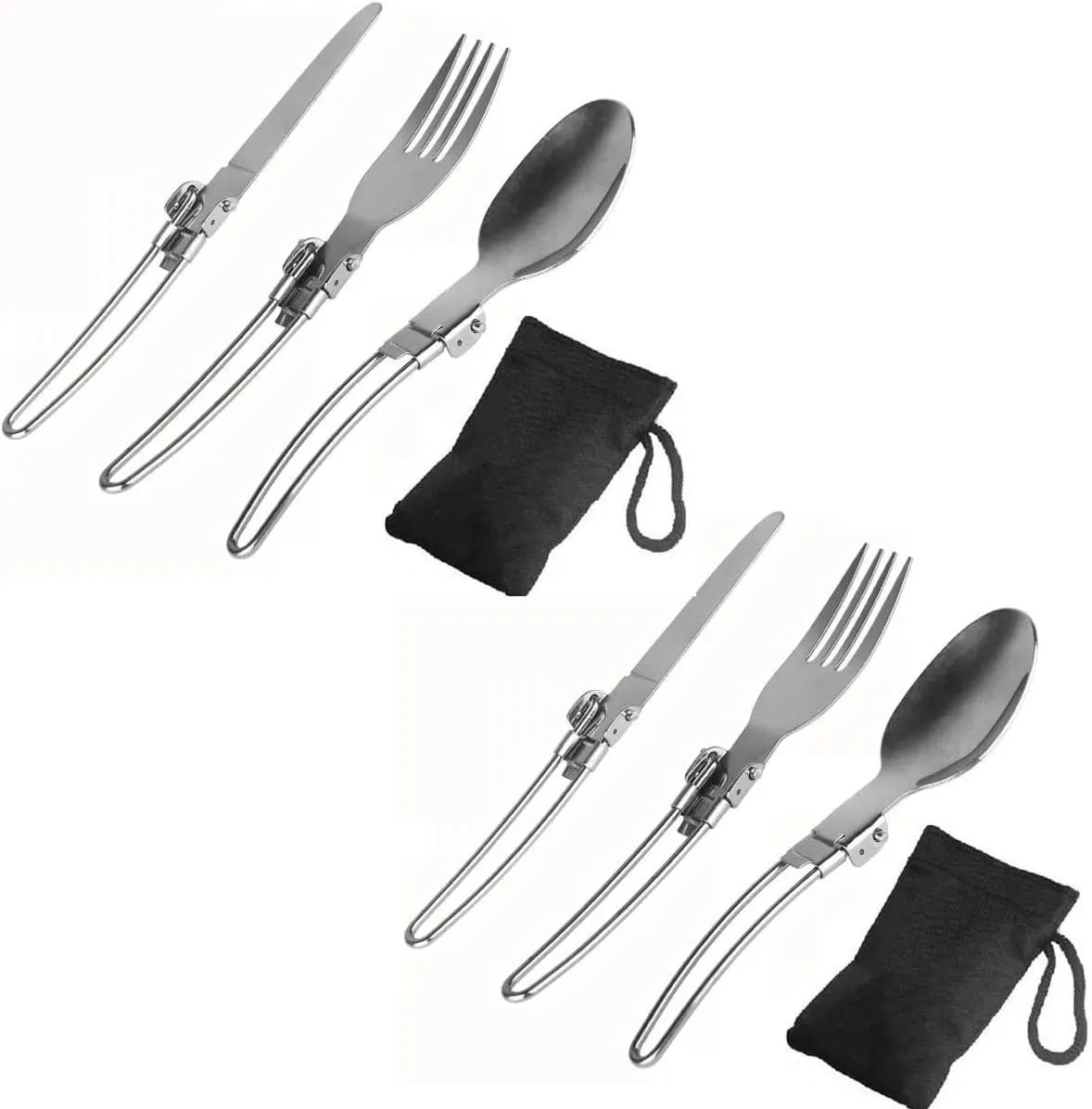 Cutlery Set 2Set Dinnerware Set Stainless Steel Foldable Cutlery With Black Bag 3 In 1 Camping Tableware