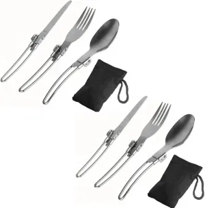 Cutlery Set 2Set Dinnerware Set Stainless Steel Foldable Cutlery With Black Bag 3 In 1 Camping Tableware