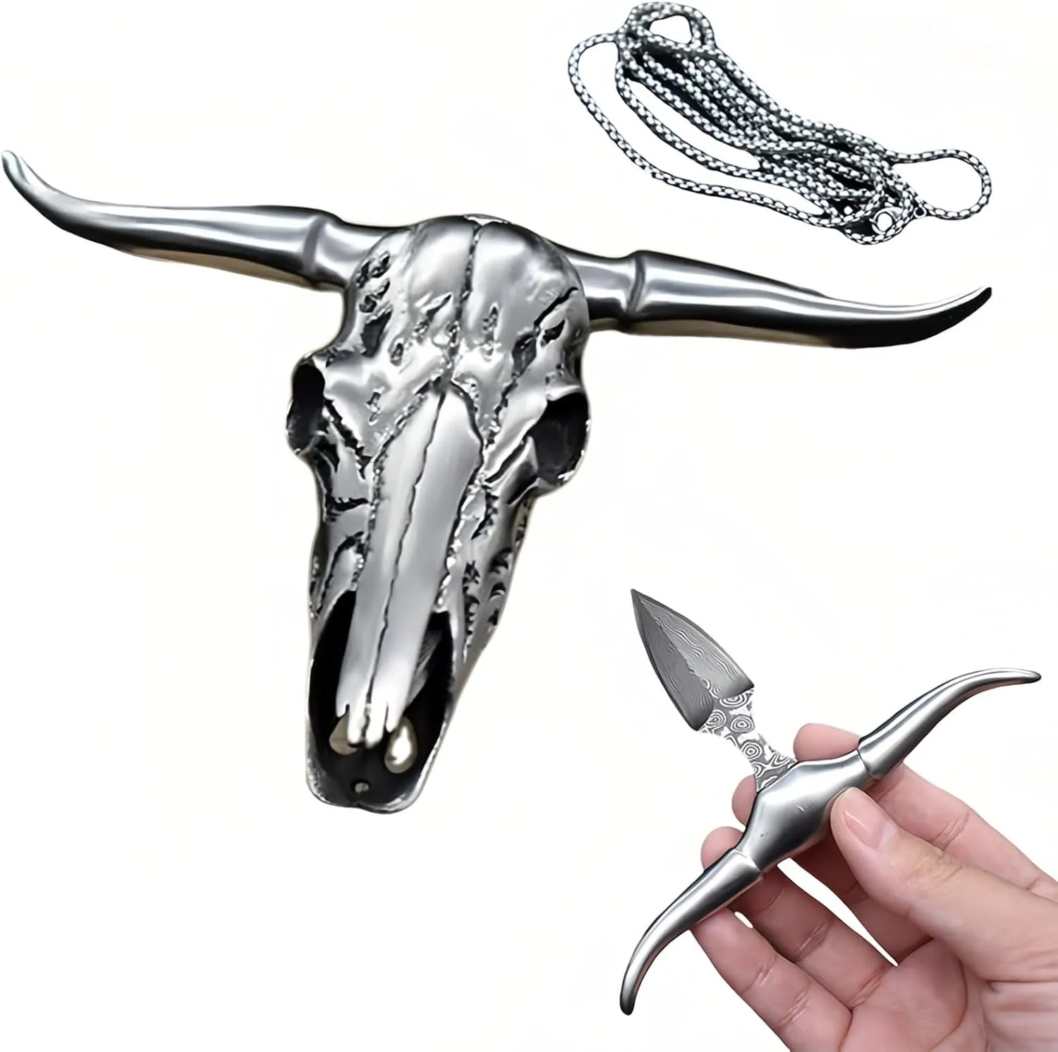Damascus Fixed Blade Neck Knife - Bull Head EDC Knife with Sheath for Fishing, Hunting, and Outdoor Camping