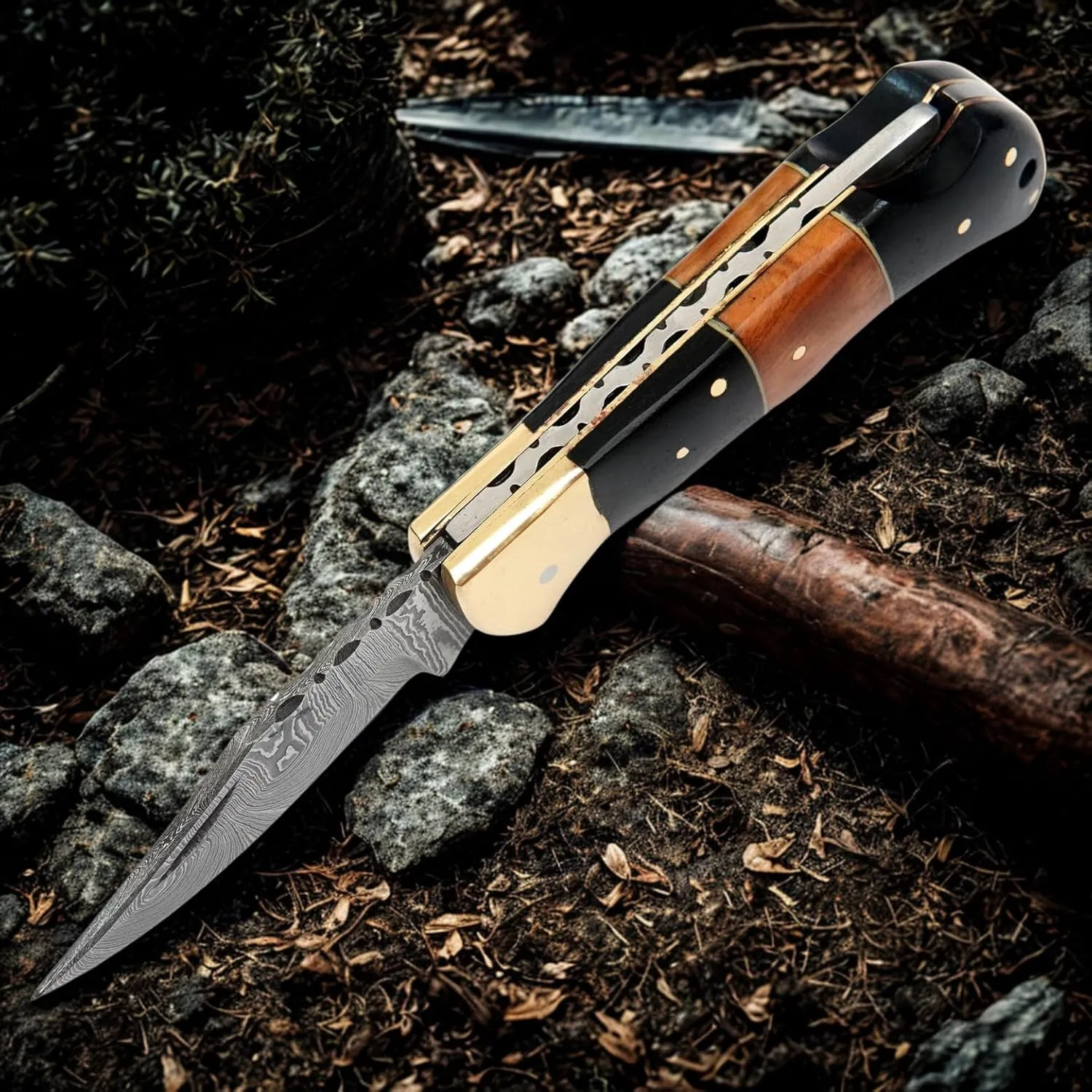 Damascus Folding Knife | Pocket Knife | Camping Hunting Survival | Unique Gift | Black Brown