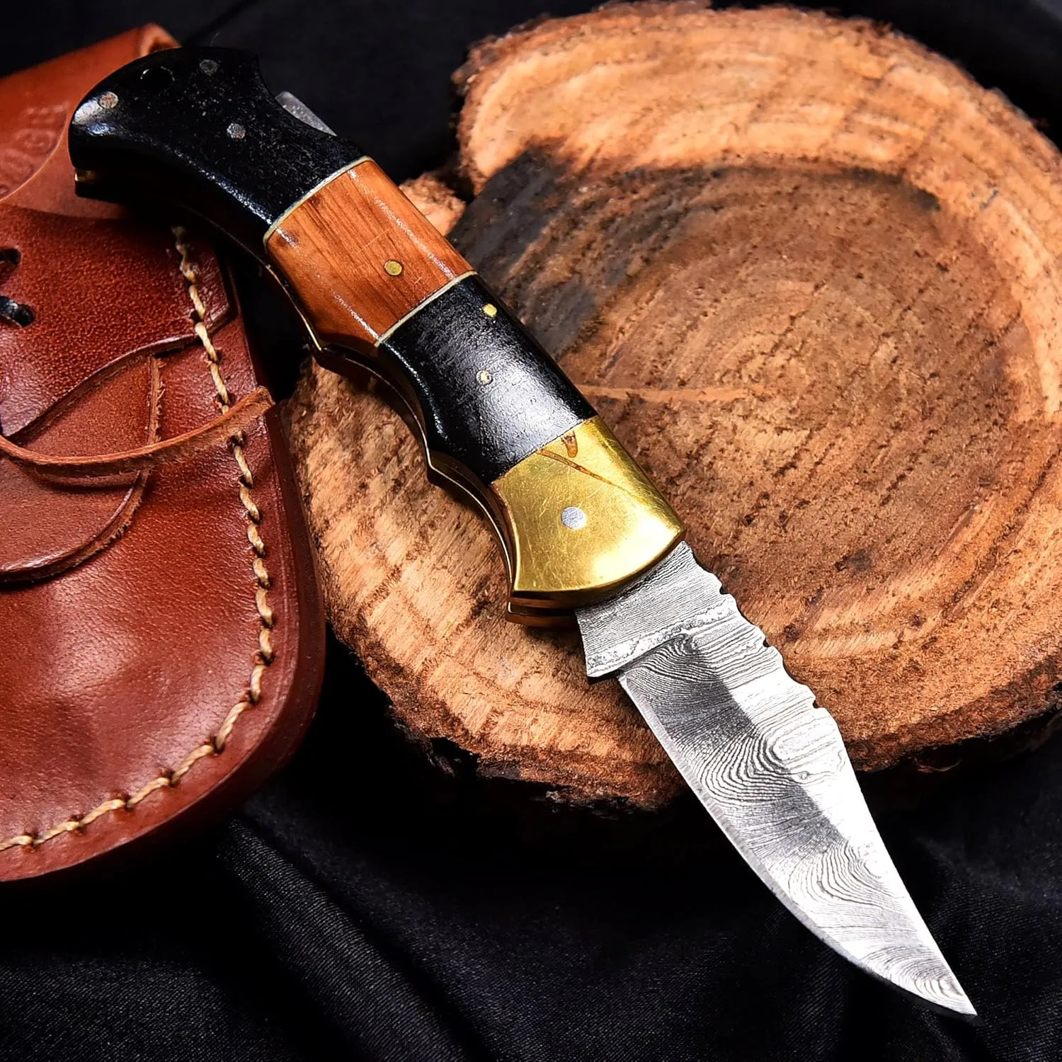 Damascus Folding Knife | Pocket Knife | Camping Hunting Survival | Unique Gift | Black Brown