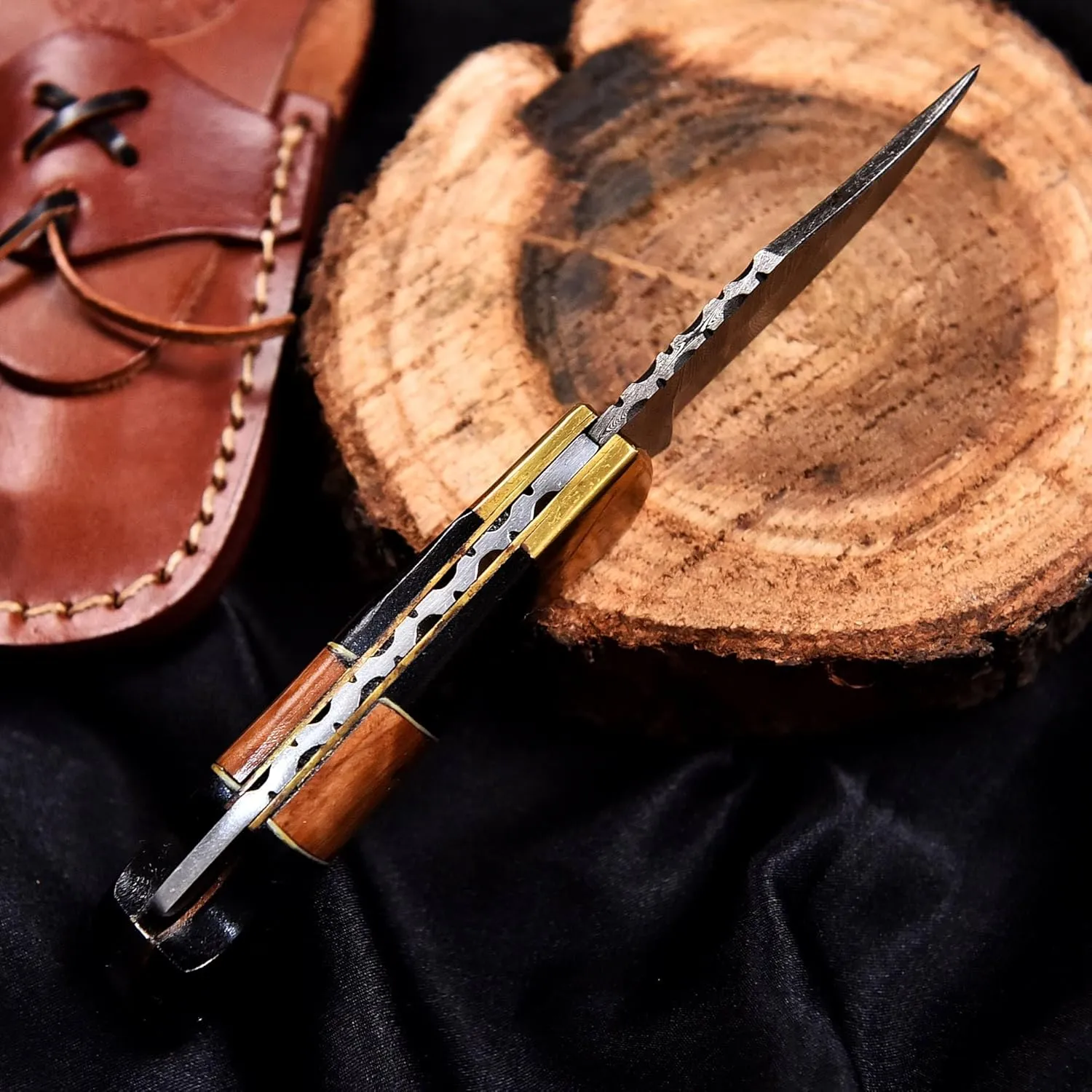 Damascus Folding Knife | Pocket Knife | Camping Hunting Survival | Unique Gift | Black Brown