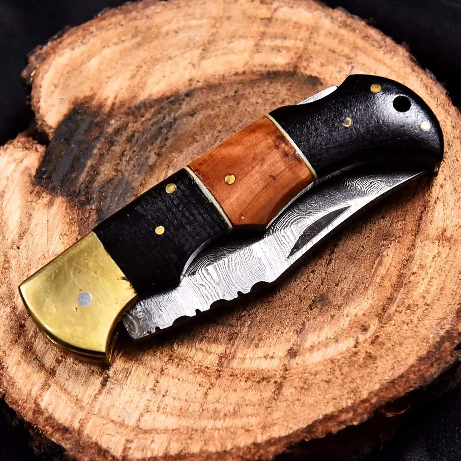 Damascus Folding Knife | Pocket Knife | Camping Hunting Survival | Unique Gift | Black Brown