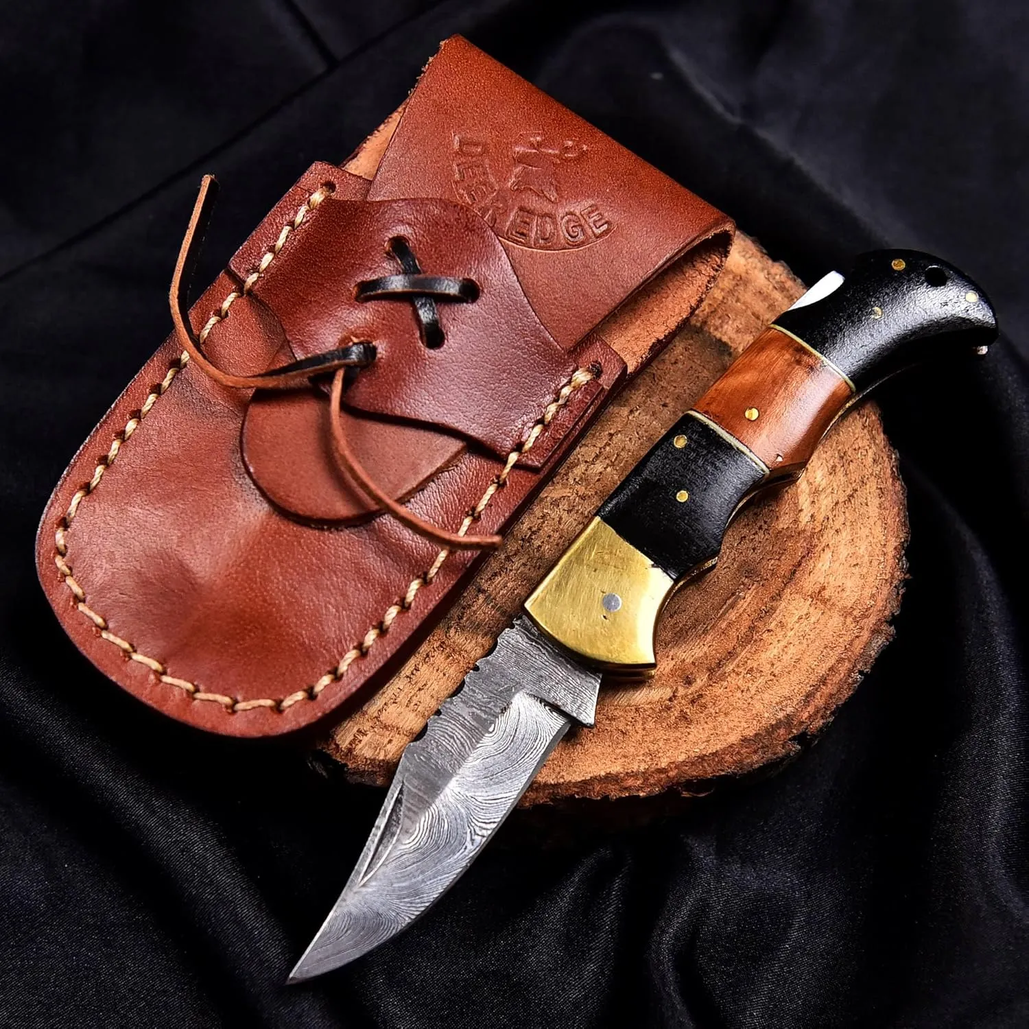 Damascus Folding Knife | Pocket Knife | Camping Hunting Survival | Unique Gift | Black Brown