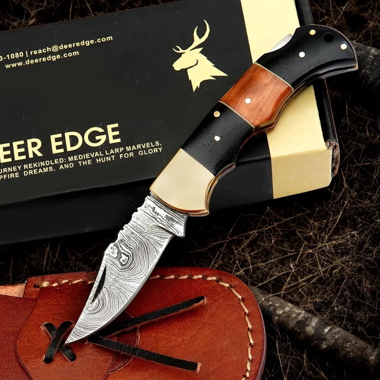 Damascus Folding Knife | Pocket Knife | Camping Hunting Survival | Unique Gift | Black Brown