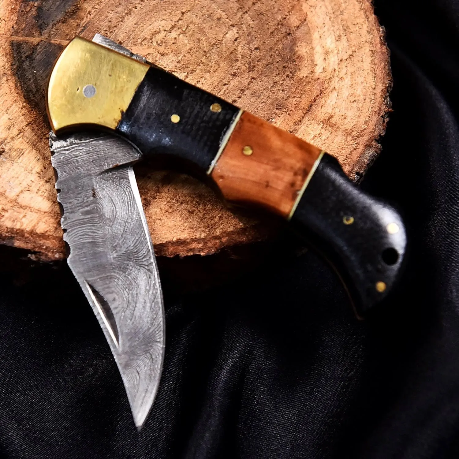 Damascus Folding Knife | Pocket Knife | Camping Hunting Survival | Unique Gift | Black Brown