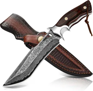 Damascus Hunting Knife with Leather Sheath,10.4"Fixed Blade Hunting Knife with Lanyard,Real Damascus Steel Knives with VG10 Core &Wood Handle,EDC Full Tang Knives for Adventure Survival Hiking Camping
