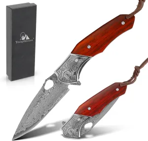 Damascus Pocket Knife for Men, 3.15" Sharp Damascus Steel Blade Folding Knife with Lanyard, Thumb Hole, Lanyard Hole, Durable Wood Handle Compact Knife for Outdoor Camping Hiking Survival