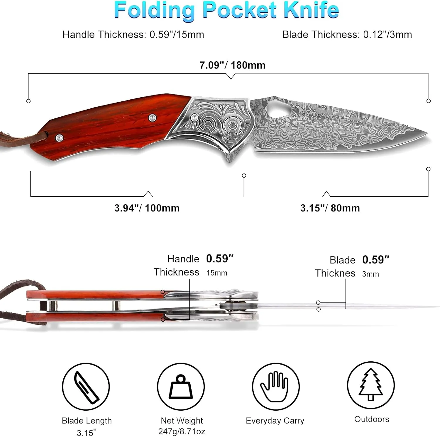 Damascus Pocket Knife for Men, 3.15" Sharp Damascus Steel Blade Folding Knife with Lanyard, Thumb Hole, Lanyard Hole, Durable Wood Handle Compact Knife for Outdoor Camping Hiking Survival