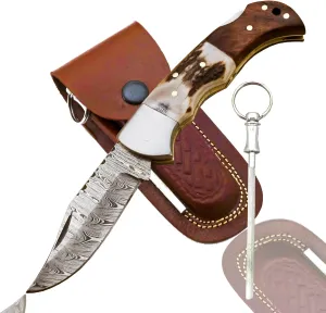 Damascus Pocket Knife for Men - 6.8 Inches Deer Antler Knife - Pocket Knives & Folding Knives with Sheath & Back Lock - Stag Handle Knife with Sharpener - Folding Pocket knife for Camping & Hiking