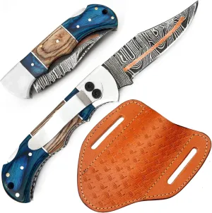 Damascus Pocket Knife with Clip - 6.5" Handmade Folding Knife with Sheath - Pocket Knife For Men - Camping Hunting Fishing Indoor & Outdoors Activities - Damascus Knife - Folding Hunting Knives