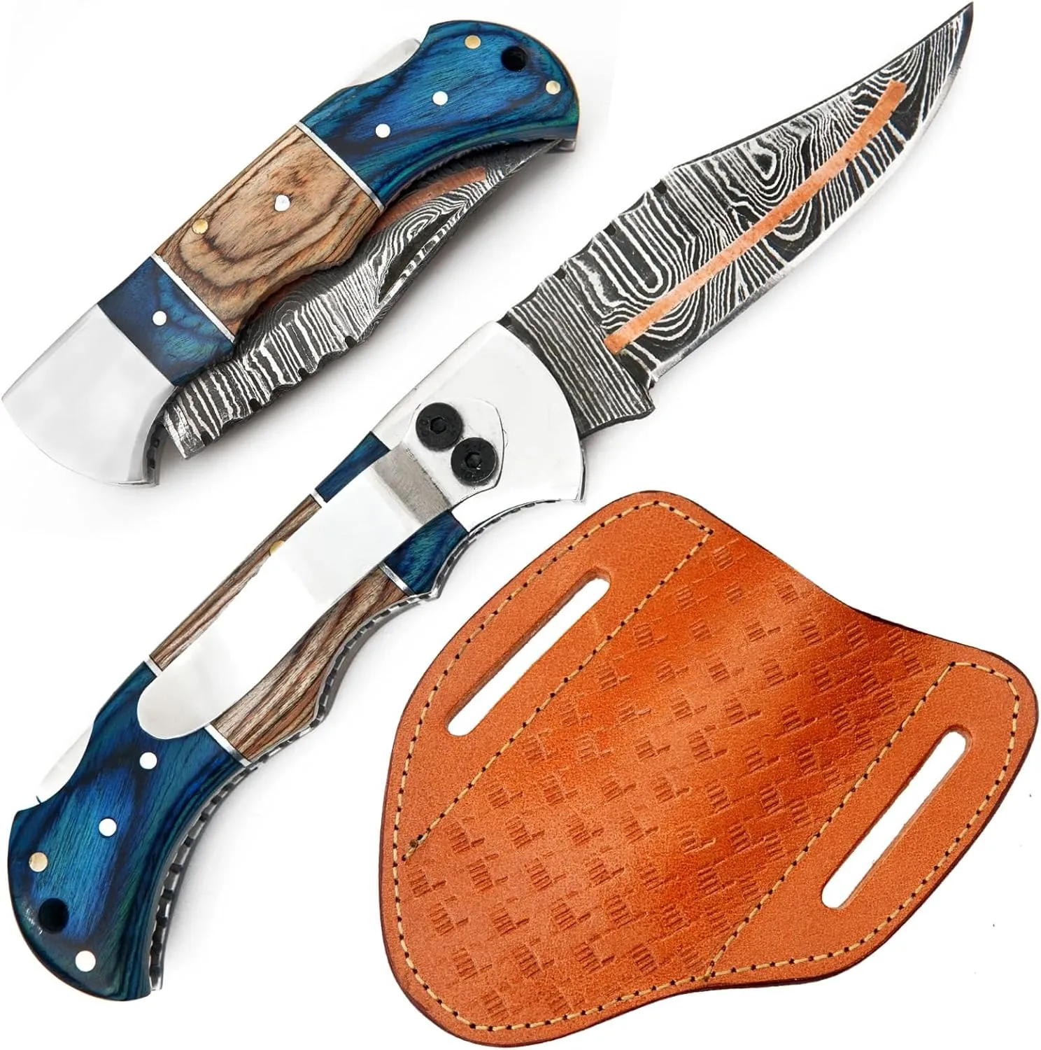 Damascus Pocket Knife with Clip - 6.5" Handmade Folding Knife with Sheath - Pocket Knife For Men - Camping Hunting Fishing Indoor & Outdoors Activities - Damascus Knife - Folding Hunting Knives