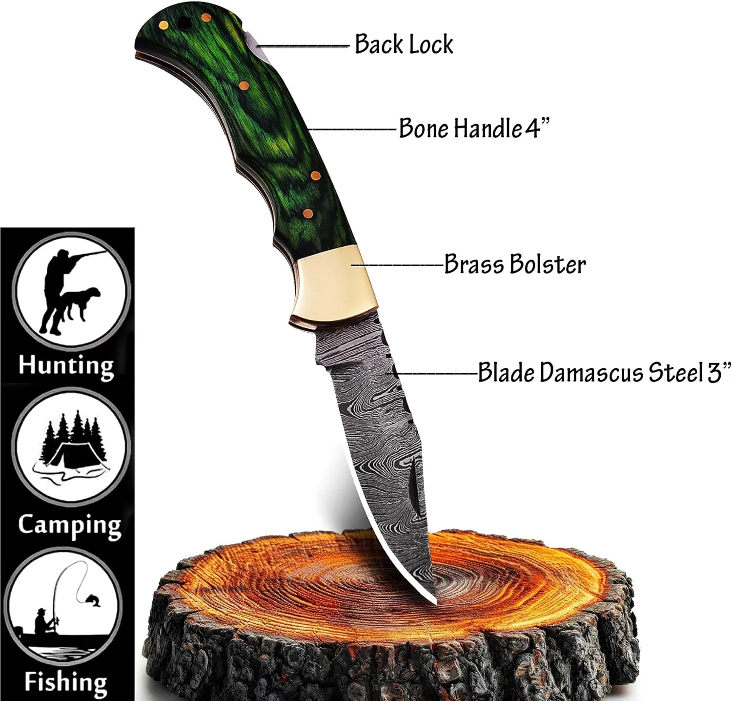 Damascus Steel Folding Knife - Premium Pocket Knife With Bone Handle Edc Small Youth Pocket KnifeTactical Serrated Camping Men Hunting Knife Sharp Blade (Green)