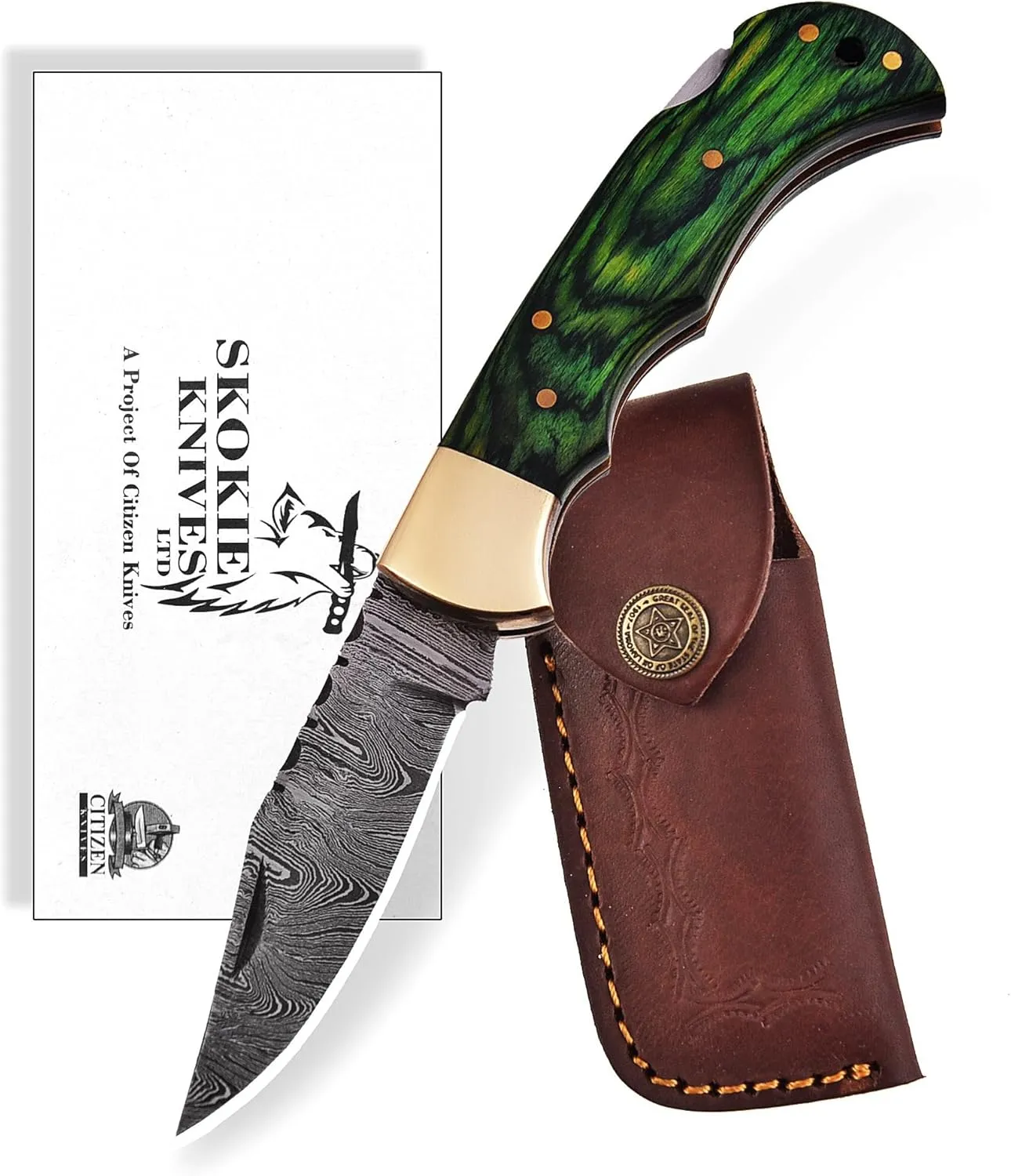 Damascus Steel Folding Knife - Premium Pocket Knife With Bone Handle Edc Small Youth Pocket KnifeTactical Serrated Camping Men Hunting Knife Sharp Blade (Green)