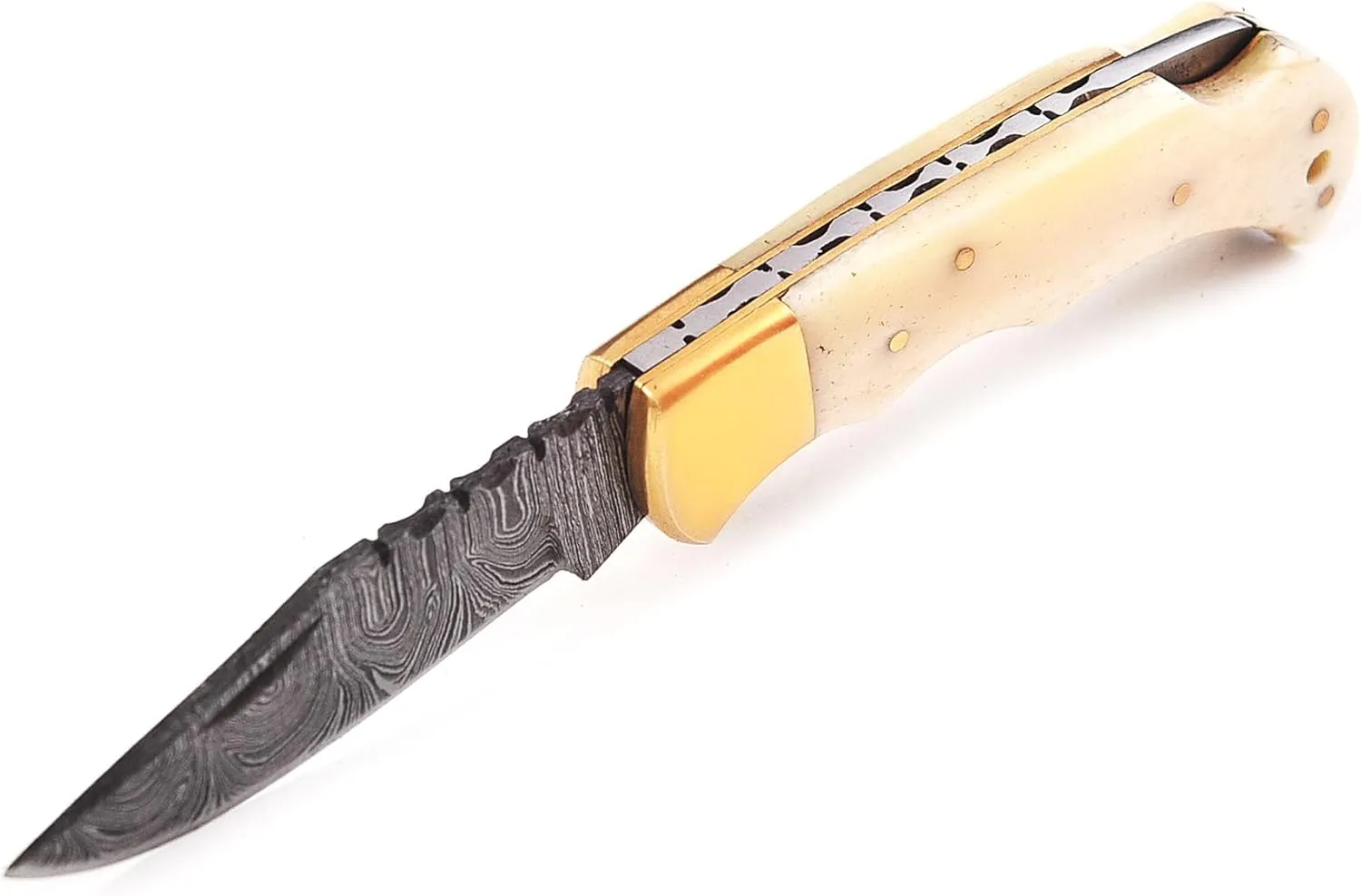 Damascus steel Folding Knife - Premium Pocket Knife With Bone Handle Edc Small Youth Pocket KnifeTactical Serrated Camping Men Hunting Knife Sharp Blade (White)