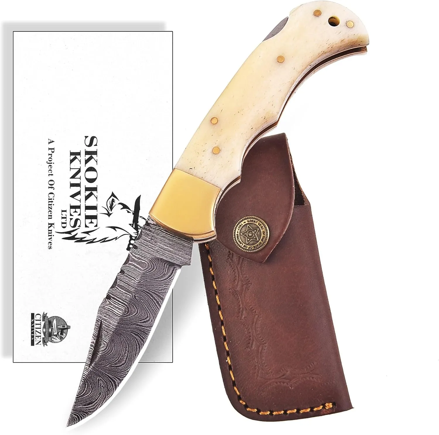Damascus steel Folding Knife - Premium Pocket Knife With Bone Handle Edc Small Youth Pocket KnifeTactical Serrated Camping Men Hunting Knife Sharp Blade (White)