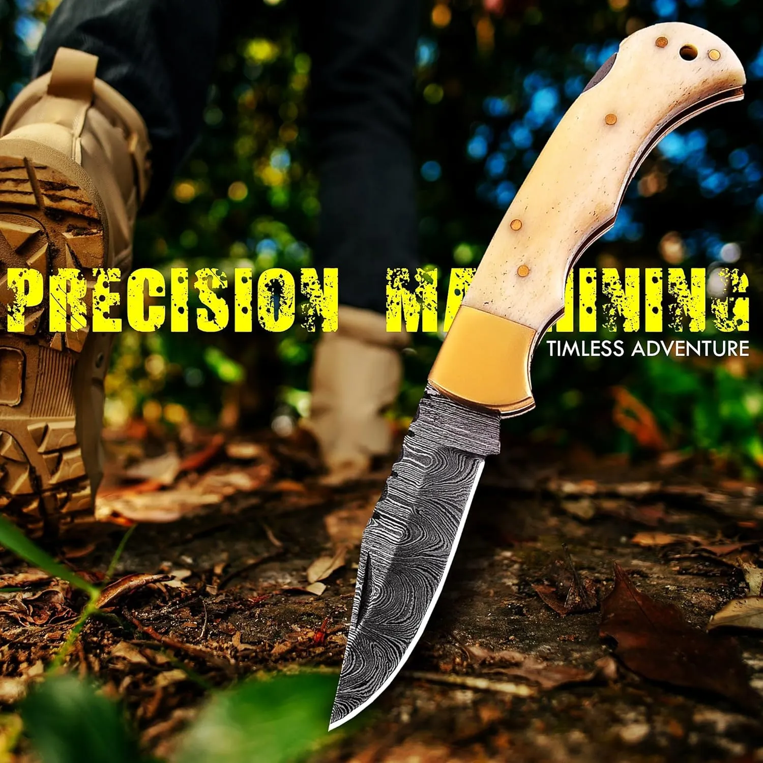 Damascus steel Folding Knife - Premium Pocket Knife With Bone Handle Edc Small Youth Pocket KnifeTactical Serrated Camping Men Hunting Knife Sharp Blade (White)