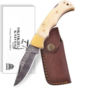Damascus steel Folding Knife - Premium Pocket Knife With Bone Handle Edc Small Youth Pocket KnifeTactical Serrated Camping Men Hunting Knife Sharp Blade (White)