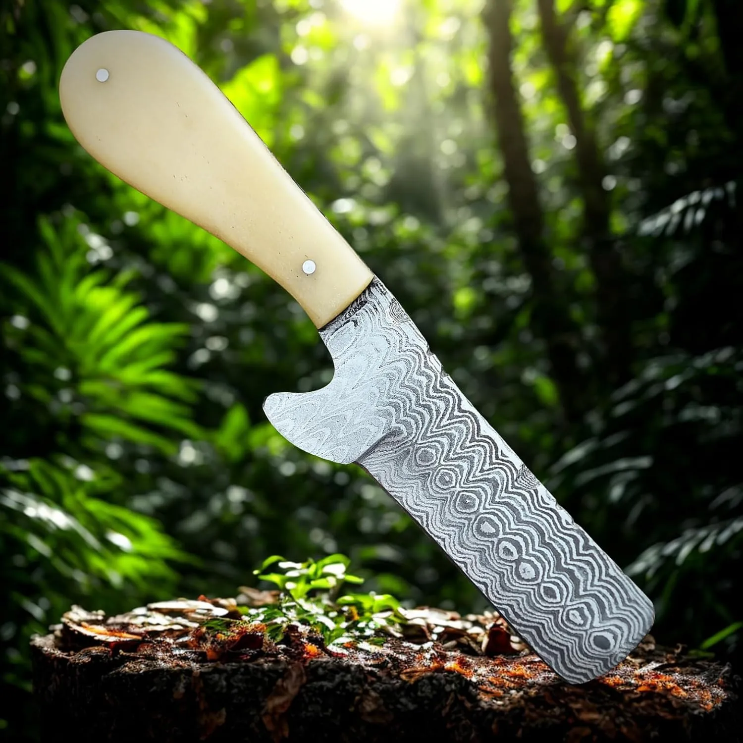 Damascus Steel Knife with Bone Handle, Custom Handcrafted Hunting and Survival Knife, Full Tang Blade with Leather Sheath - Outdoor Camping, EDC, and Bushcraft Tool