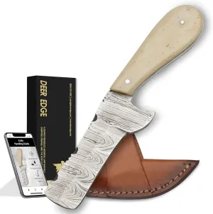 Damascus Steel Knife with Bone Handle, Custom Handcrafted Hunting and Survival Knife, Full Tang Blade with Leather Sheath - Outdoor Camping, EDC, and Bushcraft Tool