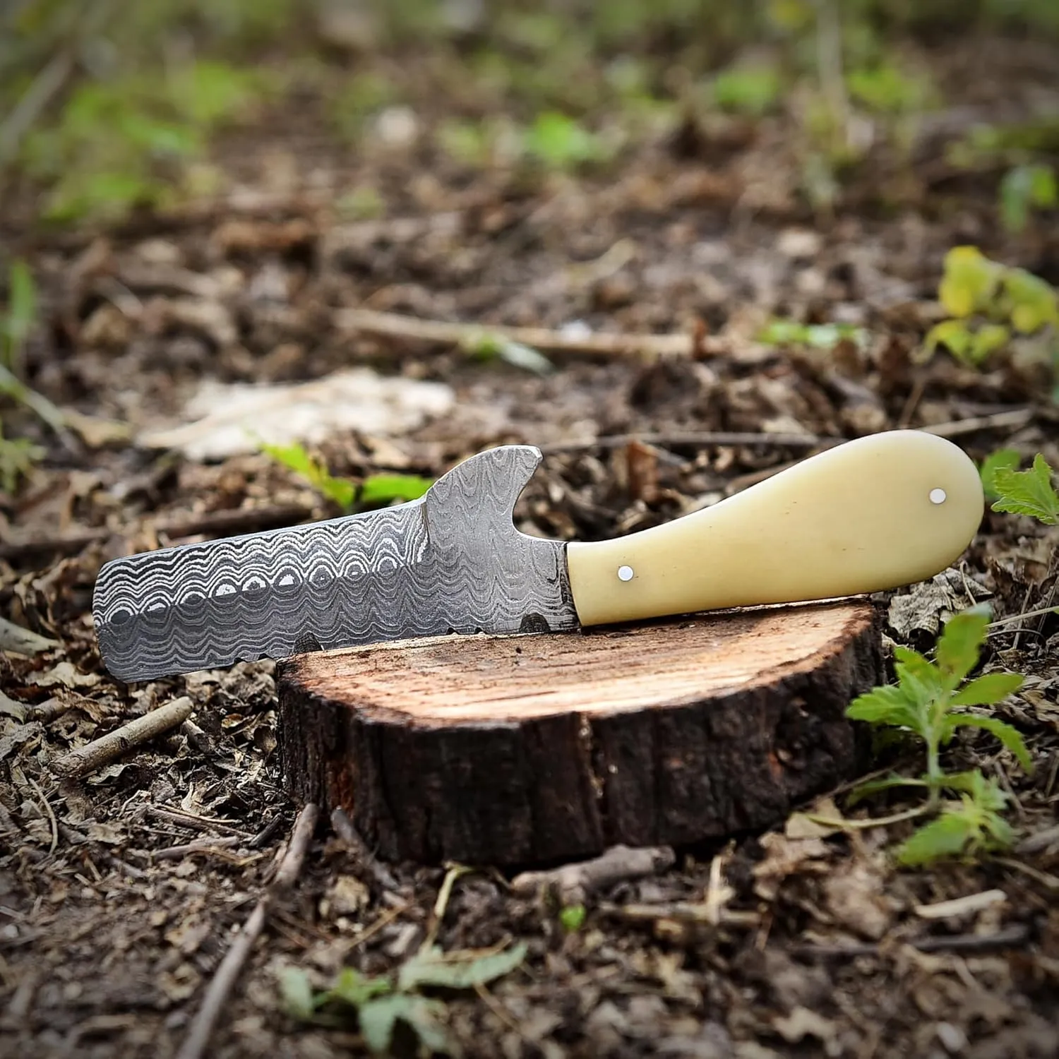 Damascus Steel Knife with Bone Handle, Custom Handcrafted Hunting and Survival Knife, Full Tang Blade with Leather Sheath - Outdoor Camping, EDC, and Bushcraft Tool