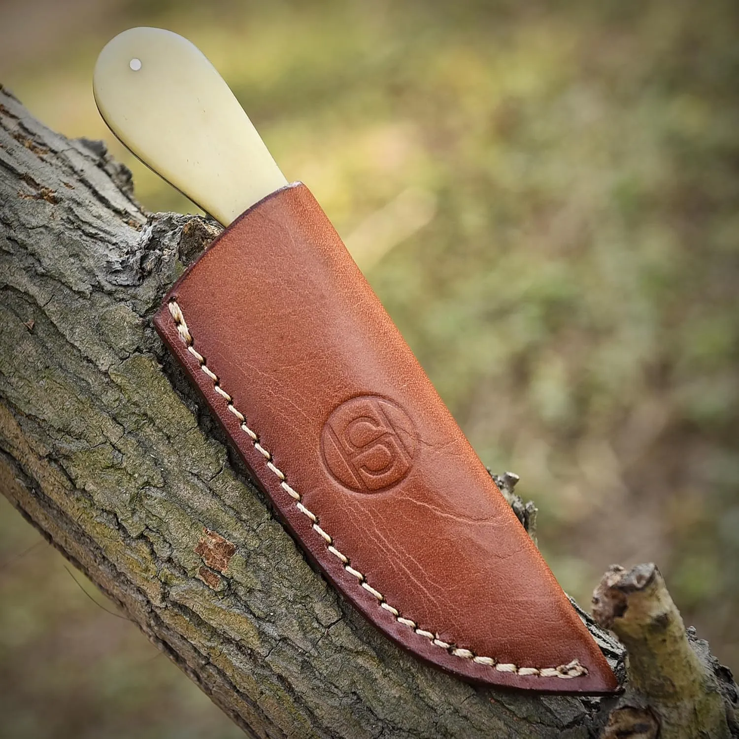 Damascus Steel Knife with Bone Handle, Custom Handcrafted Hunting and Survival Knife, Full Tang Blade with Leather Sheath - Outdoor Camping, EDC, and Bushcraft Tool