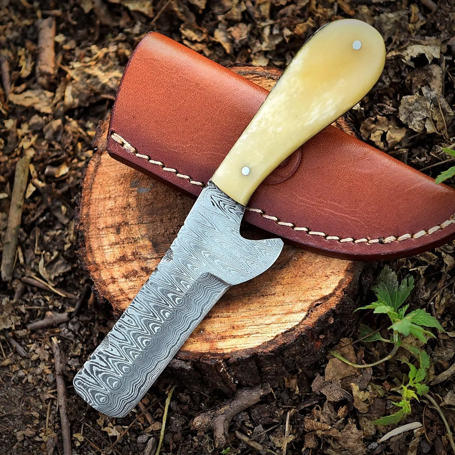 Damascus Steel Knife with Bone Handle, Custom Handcrafted Hunting and Survival Knife, Full Tang Blade with Leather Sheath - Outdoor Camping, EDC, and Bushcraft Tool