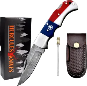 Damascus Steel Pocket Folding Knife Texas Flag Handle Leather Sheath Custom Hand Forged knives for Outdoor Survival Hunting, Camping, edc & Hiking Edge Sharpner Rod