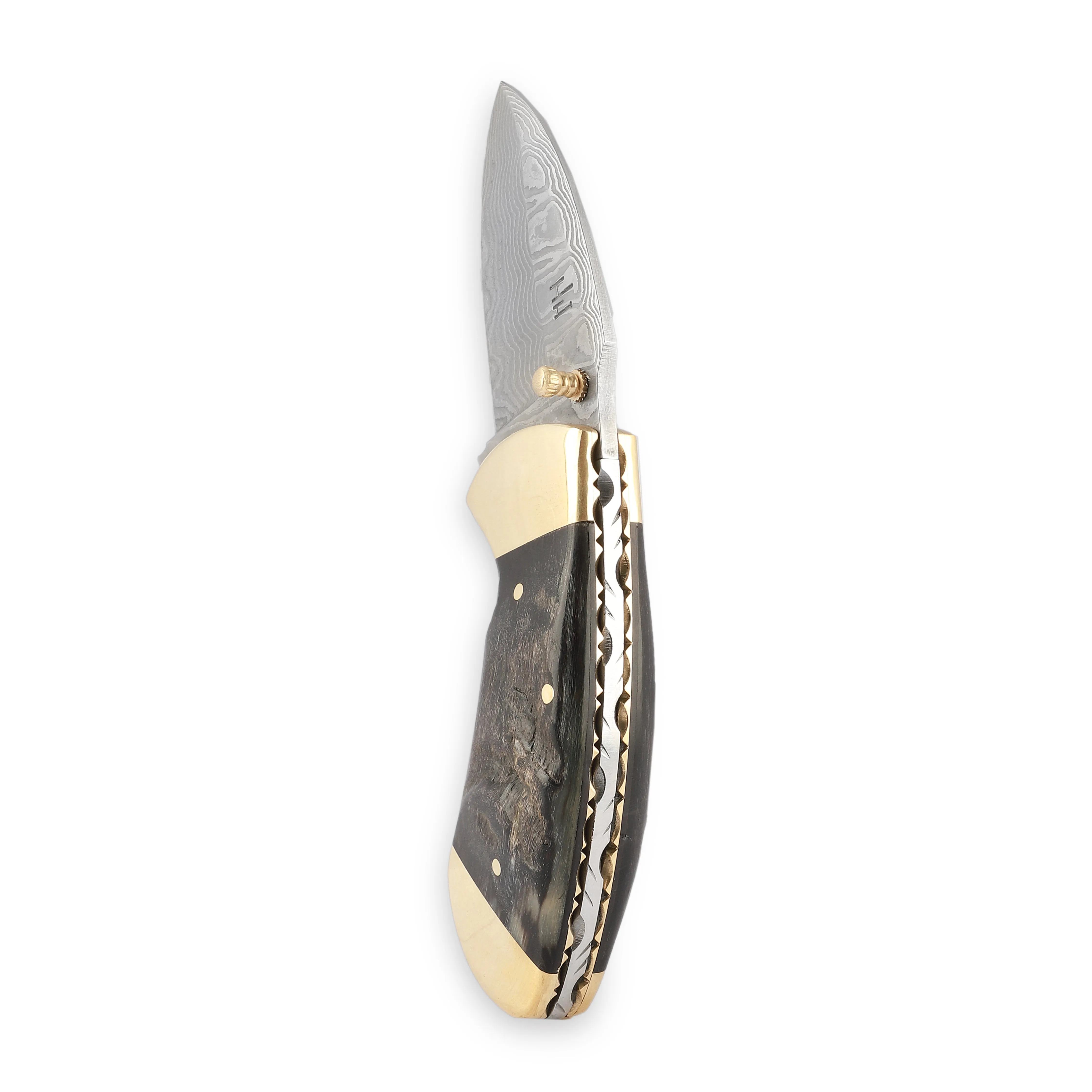 Damascus Steel Pocket Knife Folding Knife Rams Horn Handle