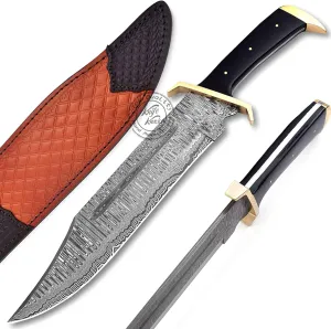 Damascus Steel Western Outlaw Bowie Hunting Knife, Fixed Blade Survival & Hunting Knife, Camping, Bushcraft, EDC - Gift for Men, Premium Leather Sheath, KKH-68