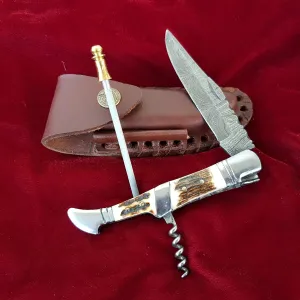 Damask Steel Pocket Knife | Folding Knife Laguiole | Stag Horn, Stainless Steel Handle with Corkscrew | Handmade Outdoor Damascus Knife Camping Knife | FK22