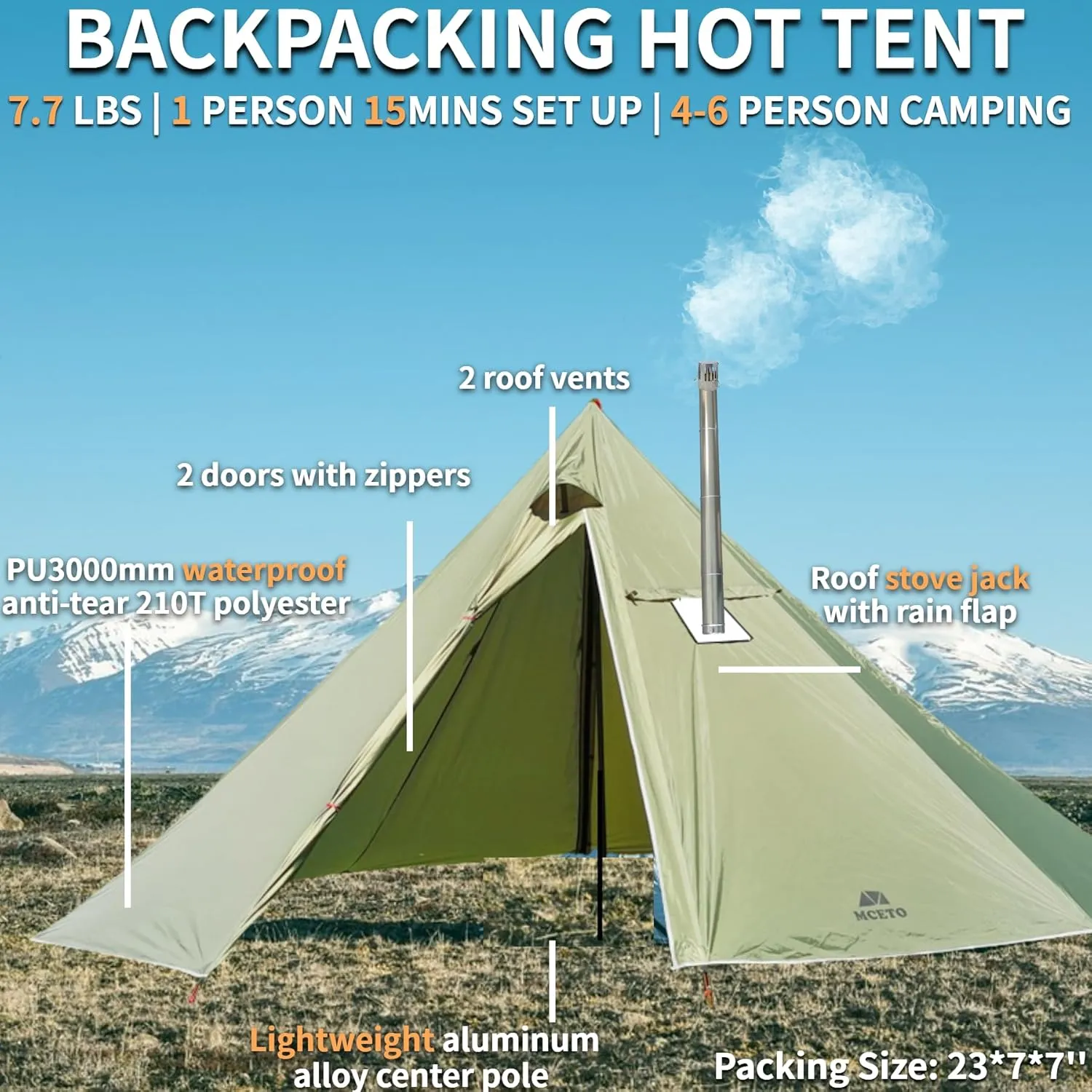 DANCHEL OUTDOOR Backpacking Large Hot Tent w/Stove Jack, Portable Tipi Tent with TSG Titanium Folding Wood Stove for 4-6 Person Winter Camping Hunting, 5m/16.4ft