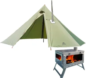 DANCHEL OUTDOOR Backpacking Large Hot Tent w/Stove Jack, Portable Tipi Tent with TSG Titanium Folding Wood Stove for 4-6 Person Winter Camping Hunting, 5m/16.4ft
