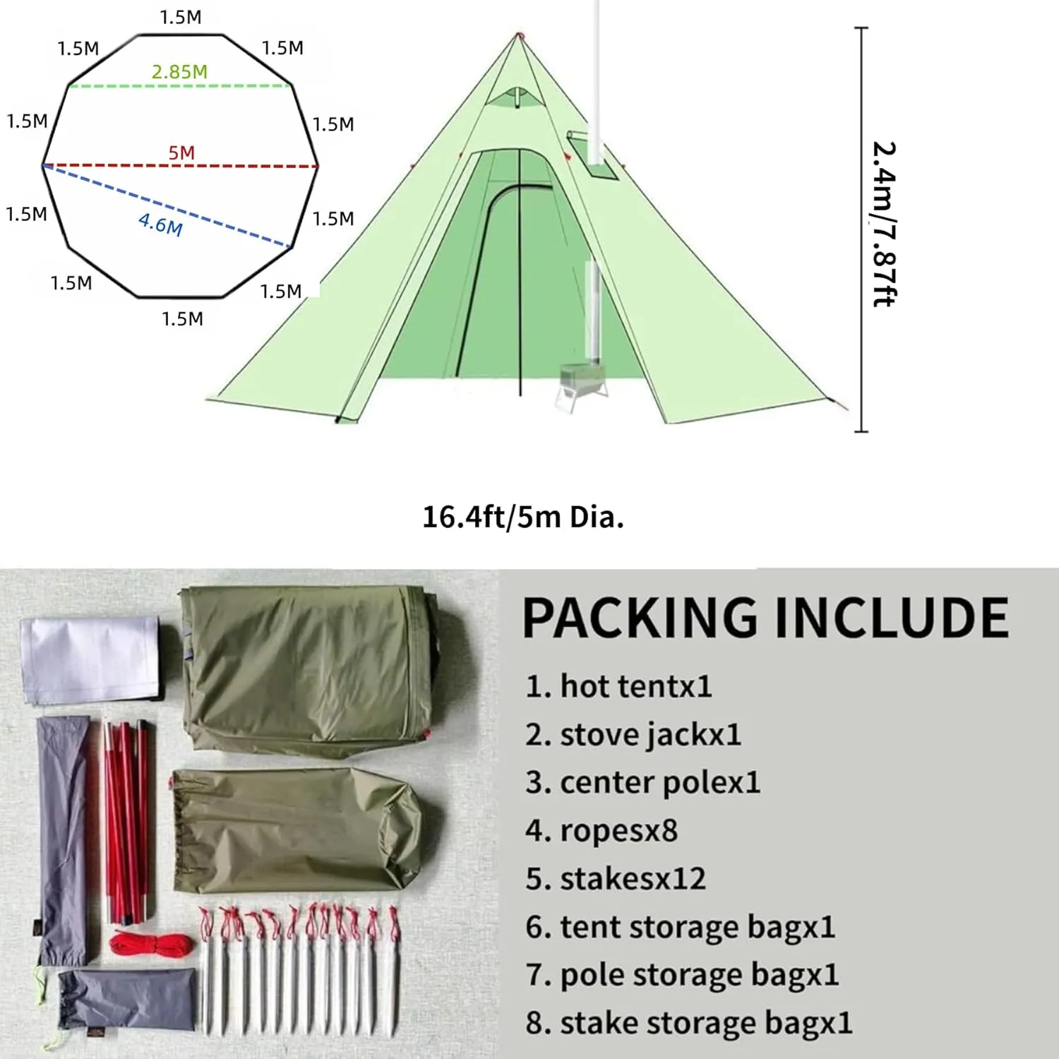 DANCHEL OUTDOOR Backpacking Large Hot Tent w/Stove Jack, Portable Tipi Tent with TSG Titanium Folding Wood Stove for 4-6 Person Winter Camping Hunting, 5m/16.4ft